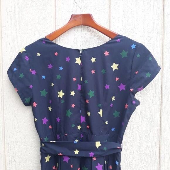 Eshaki Rainbow Star Modest Midi Tie Waist Dress Cap Sleeve‎ Scoop Full Sz 10 - Picture 6 of 8